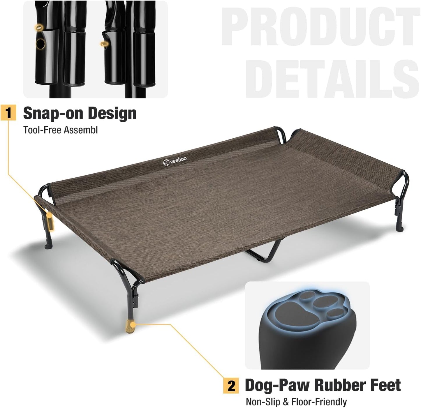 Veehoo Cooling Elevated Dog Bed, Guardrail Raised Pet Cot, Indoor & Outdoor XXL Pet Bed with Washable & Breathable Teslin Mesh, Non-Slip Feet, Dog Couch Bed, 62.5" x 37", Brown