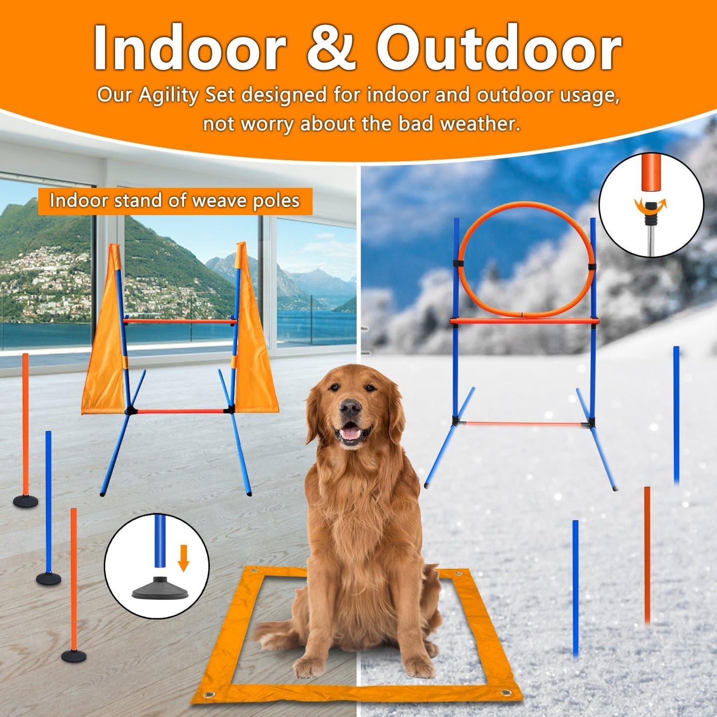 Dog Agility Training Equipment Set Outdoor Indoor Game, Tire Jump + Hurdle Jump, Tunnel, Weave Poles, Pause, 2 Toy Balls, 2 Discs, 1 Whistle, 1 Bag, 2 Training Clicker Backyard Dog Obstacle Course Kit