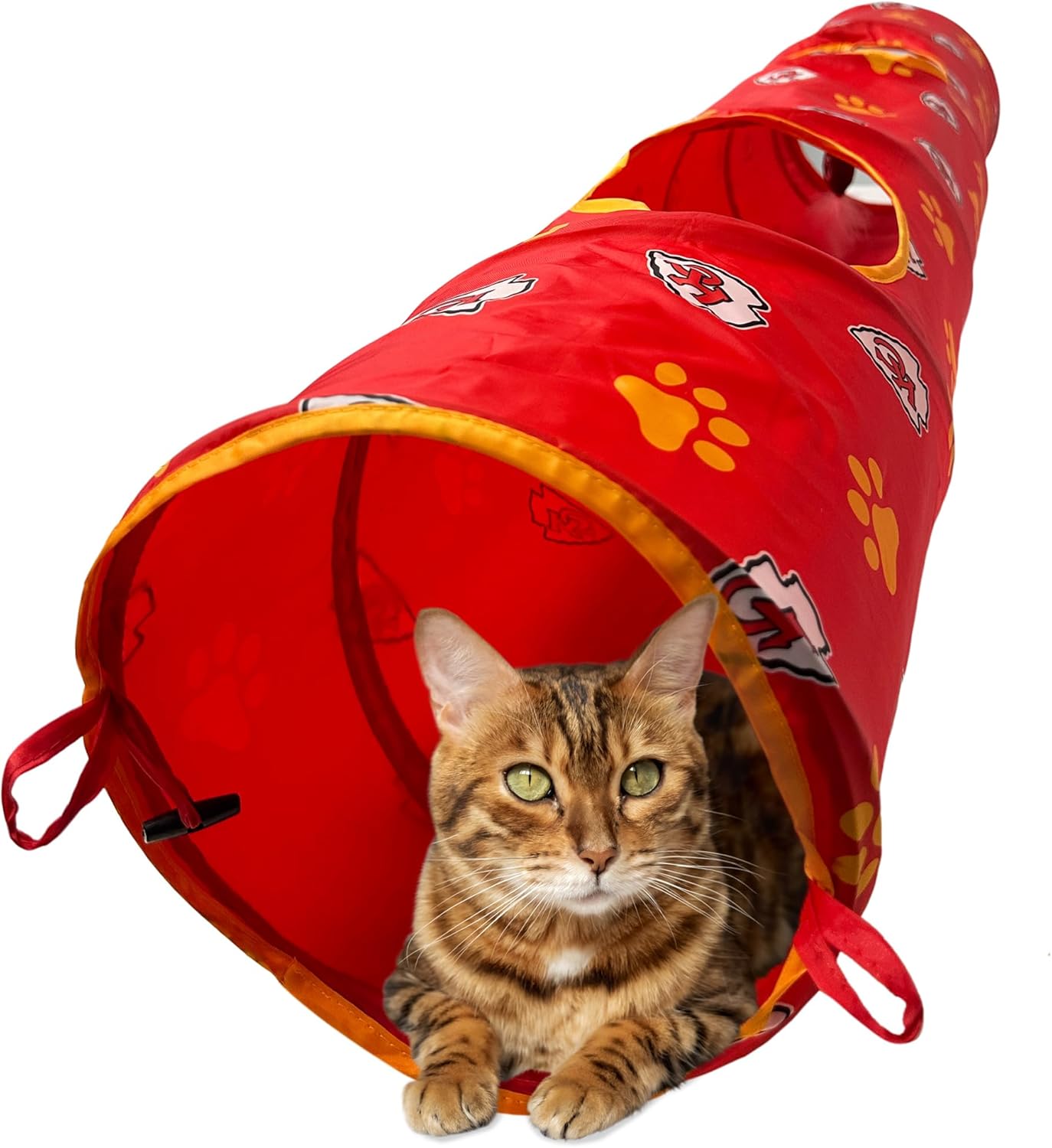 NFL Kansas City Chiefs Cat Tunnel Tube Toy with Plush Football Catnip and Feathers Collapsible Tunnel for Cats to Play, Peek and Hide, Sporty & Fun Cat Tunnel Toy with Team Logo All-Over Design!