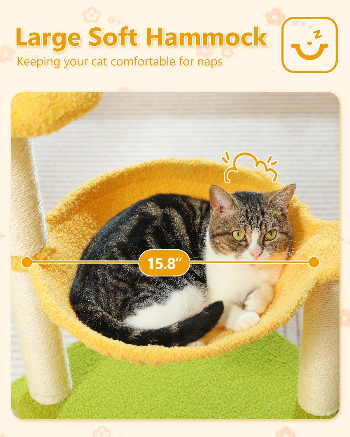 28" Flower Cat Tree Cute with Flower Top Perch, Large Hammock for Indoor Small Cats, Small Cat Tower with Cute Scratching Post and Fur Toy Ball for Kittens, Yellow