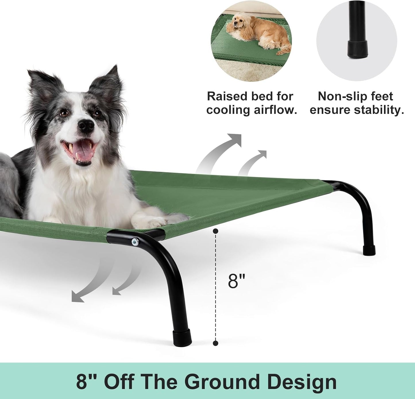 50" Lx35 Wx8 H Cooling Elevated Dog Bed for Large Dogs with Non-Slip Floor Protectors & Breathable Mesh, Raised Indoor & Outdoor Dog Cot Pet Hammock, Green