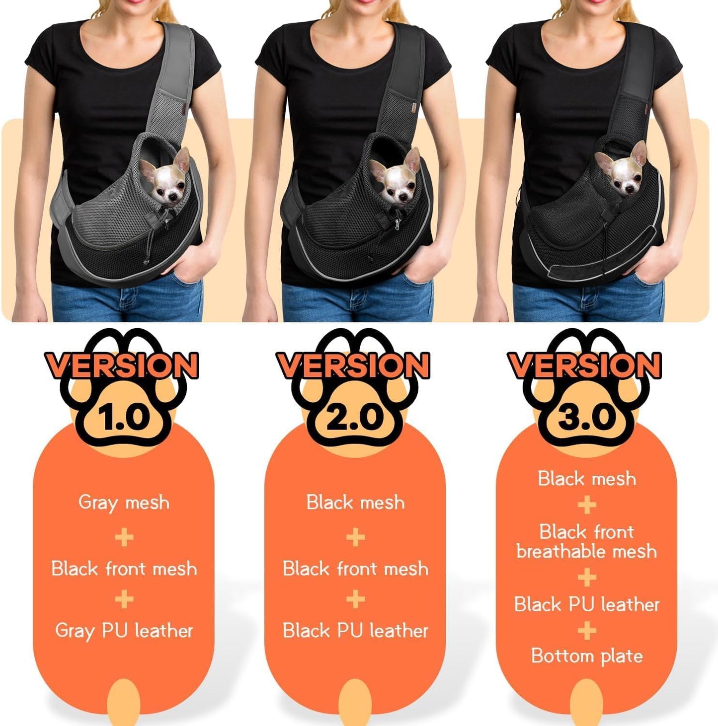 YUDODO Pet Sling Carrier for Small Dogs & Cats – Hands-Free Puppy Carrier with Safety Hook, Large Zipper Pocket, Soft Breathable Mesh, Adjustable Strap & Reflective Strip (Black 1.0 S)