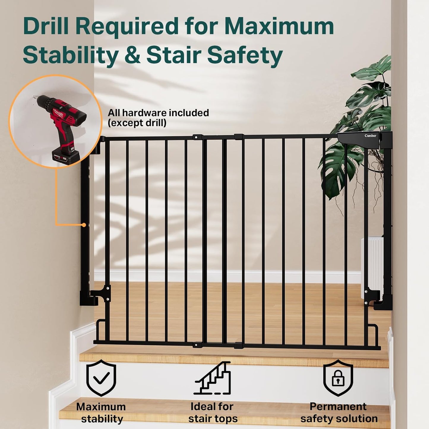 Cumbor 34" Extra Tall No Bottom Bar Baby Gate for Stairs, Auto Close Dog Gate Indoor for Larger Pets, 29.2-43" Hardware Mounted Safety Gate for Doorways, Wide Walk Thru Door for Easy Access (Black)