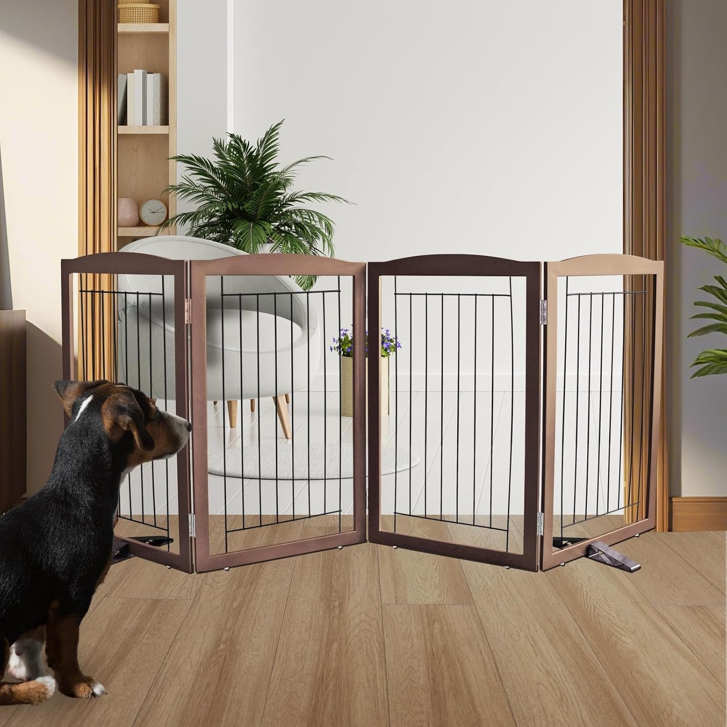 ZJSF Freestanding Dog Fence Indoor, Foldable Dog Gate for Doorways, Stairs or Hallways, Sturdy Wood Extra Wide Pet Gate with Support Feet for The House, Brown, 32 "Height-4 Panels