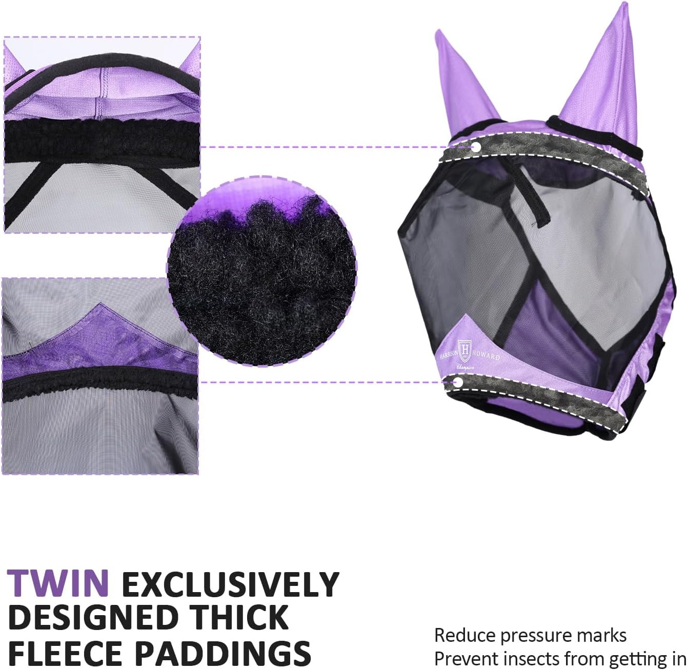 Harrison Howard Pro Luminous Horse Half Face Fly Mask Large Eye Space with Ears UV Protection for Horse Gentle Lavendar S