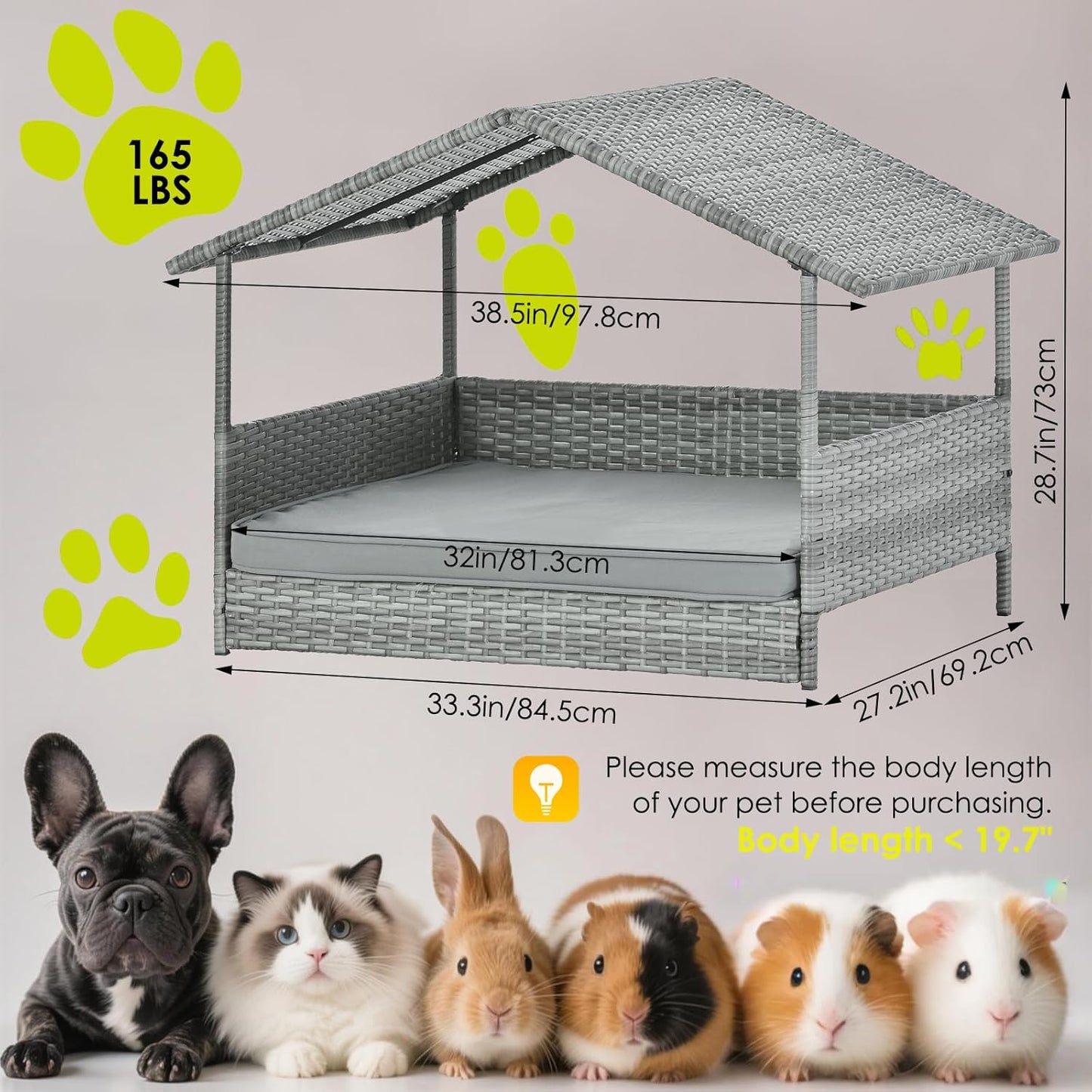 Wicker Dog House Outdoor Indoor with Canopy, Elevated Dog Shelter & Dog Bed with Light Gray Cushion, Water-Resistant Raised Pet House for Small Medium Dogs, Rattan Dog Cot for Deck, Patio, Yard, Pool