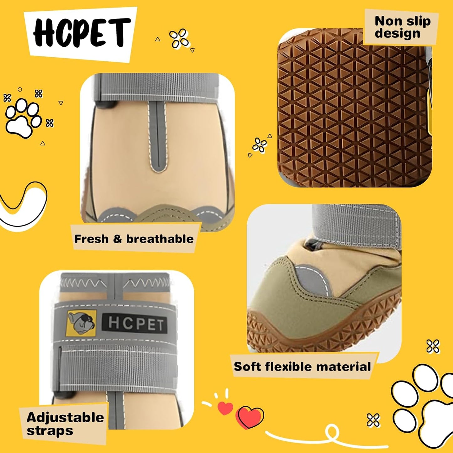 Hcpet Dog Shoes for Large Dogs, Waterproof Dog Booties for Small Medium Dogs, Anti-Slip Dog Boots & Paw Protectors for Hot Pavement Winter Snow Hiking with Reflective Straps Khaki Size 7