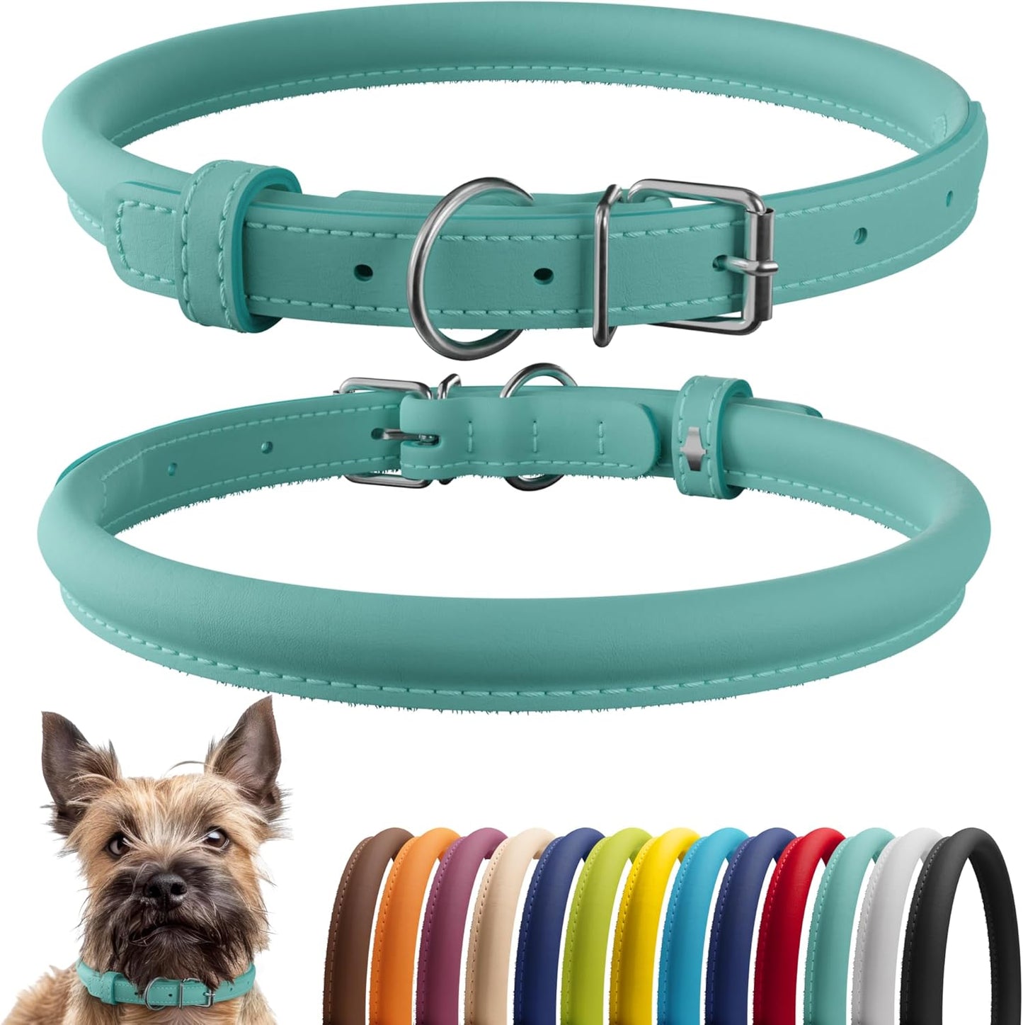 CollarDirect Rolled Leather Dog Collar, Soft Padded Round Puppy Collar, Handmade Genuine Leather Collar Dog Small Large Cat Collars 13 Colors (6 Inch, Mint Green Smooth)