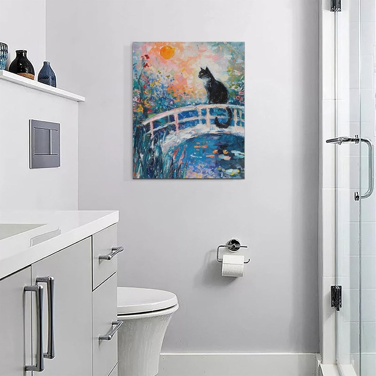 Quorin Black Cat Wall Art Water Lily Sunset Pictures Cat Wall Decor Impressionism Canvas Print Painting Artwork for Bathroom Living Room Bedroom 16"x20"