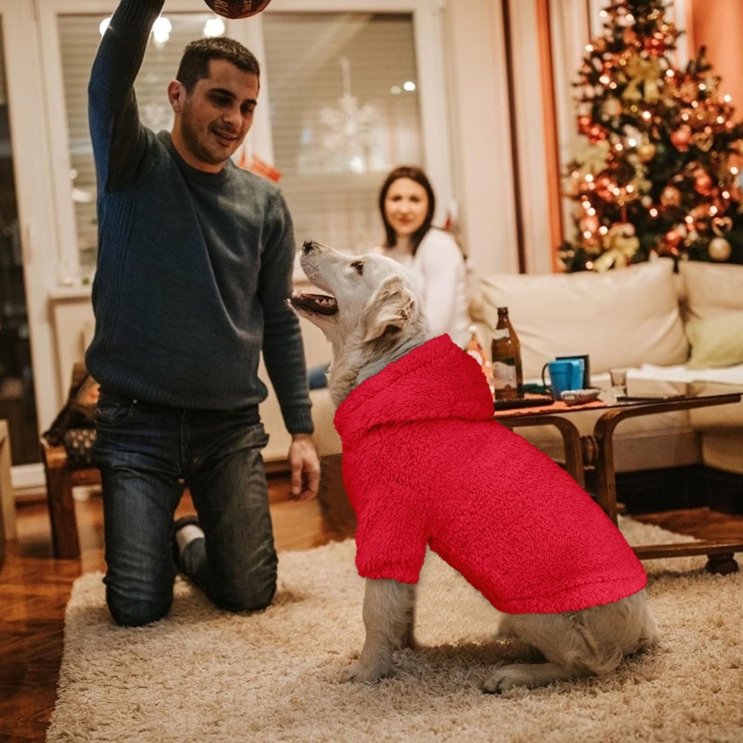 Fuzzy Dog Sweaters for Large Dogs Pet Hoodie Clothes Warm Soft Pet Coats Hooded Sweatshirt Dog Sweaters for Extra Large Dogs(Red-XL)