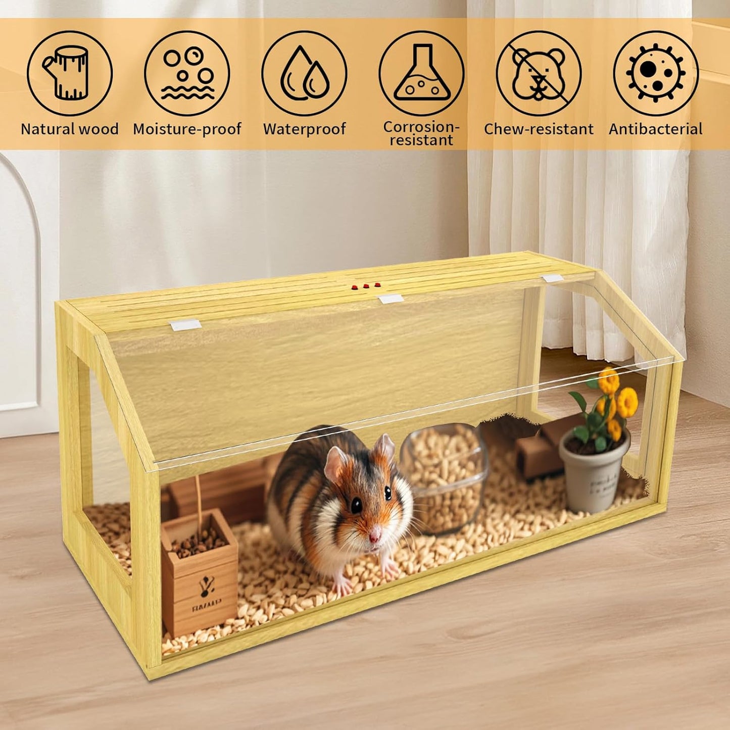 Large Hamster Cage, Chewproof Large Hamster Habitats, Wooden Guinea Pig Cages, Openable Top Roof, Lockable Gerbil Cage, Small Animal Cage for Dwarf, Syrian, 40" L x 16" W x 16" H
