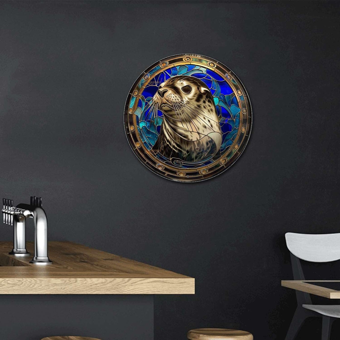 Lygond Metal Sign Tin Sign Circular Stained Glass Harbor Tin Sig For Pet 12×12 Inches