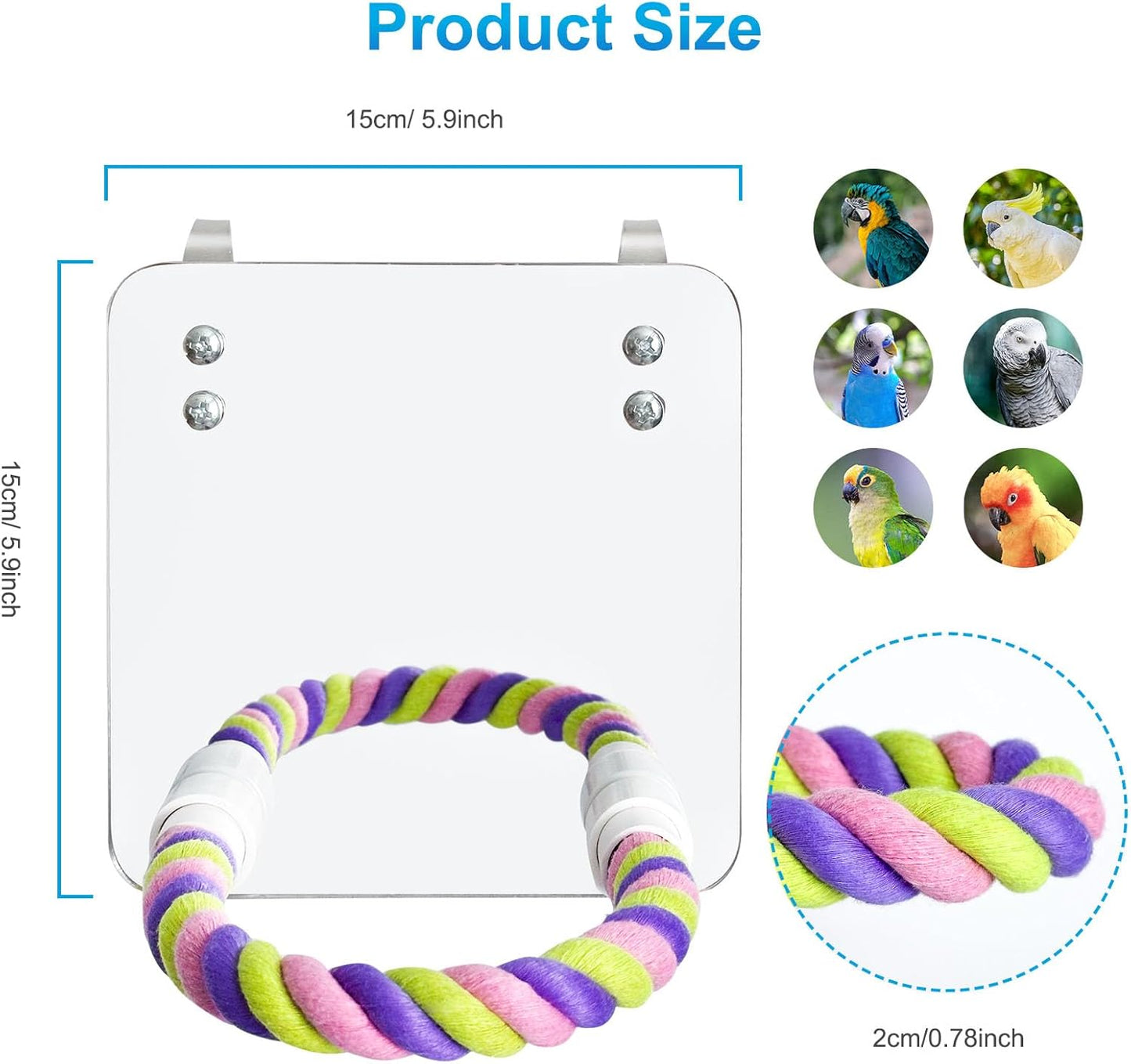 5.9" Bird Mirror with Rope Perch Bird Toys Swing, Comfy Perch for Greys Amazons Parakeet Cockatiel Conure Lovebirds Finch Canaries