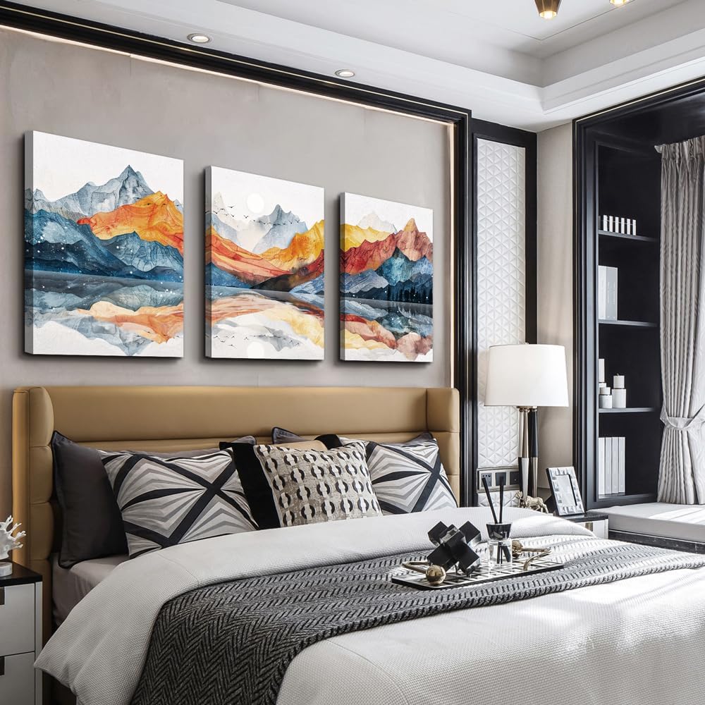 TTHYUEWS Large Abstract Canvas Wall Art - 3 Piece Mountain Landscapes Wall Paintings for Bedroom, Living Room, Office Decor