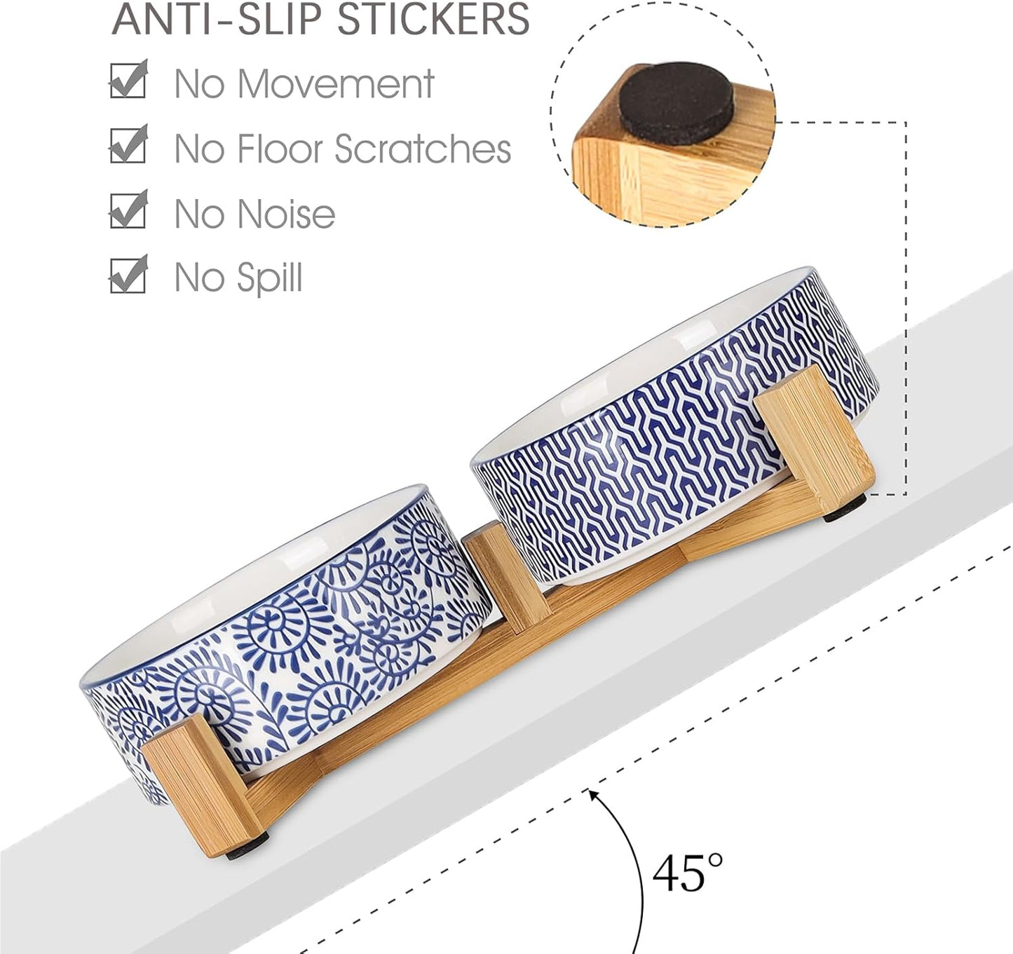 Selamica Ceramic 30 OZ Dog Bowls, Dog Food and Water Bowls with Wooden Stand, Anti-Slip Dog Dishes Set for Cats Small & Medium Sized Dogs, Weighted Pet Bowls Set of 2, Vintage Blue B