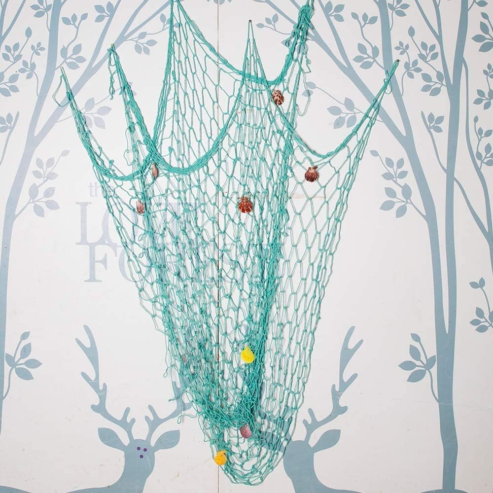 Nature Fish Net Wall Decoration with Shells, Ocean Themed Wall Hangings Fishing Net Party Decor for Pirate Party,Wedding,Photographing Decoration (2pack-Aqua/Aqua)
