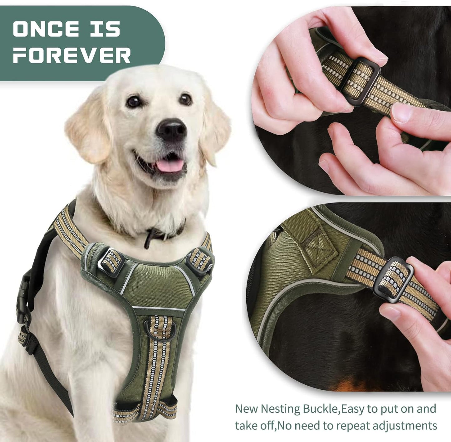 No Pull Dog Harness for Large Dogs, Adjustable No Choke Pet Vest with Dog Leash Fit Smart Reflective Pet Walking Harness for Training Easy Control Soft Handle Green XL