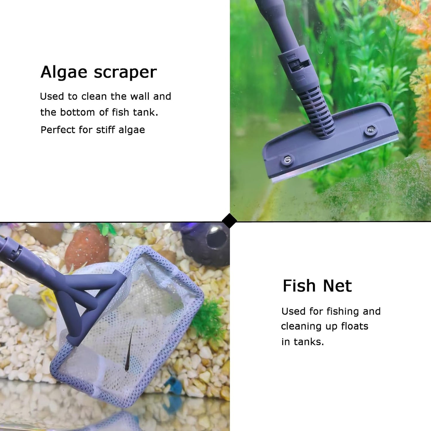 AQUANEAT 6 in 1 Fish Tank Cleaning Tools, Aquarium Cleaner Set with Adjustable Handle, Including Algae Scraper, Sponge Pad, Fish Net, and Brush