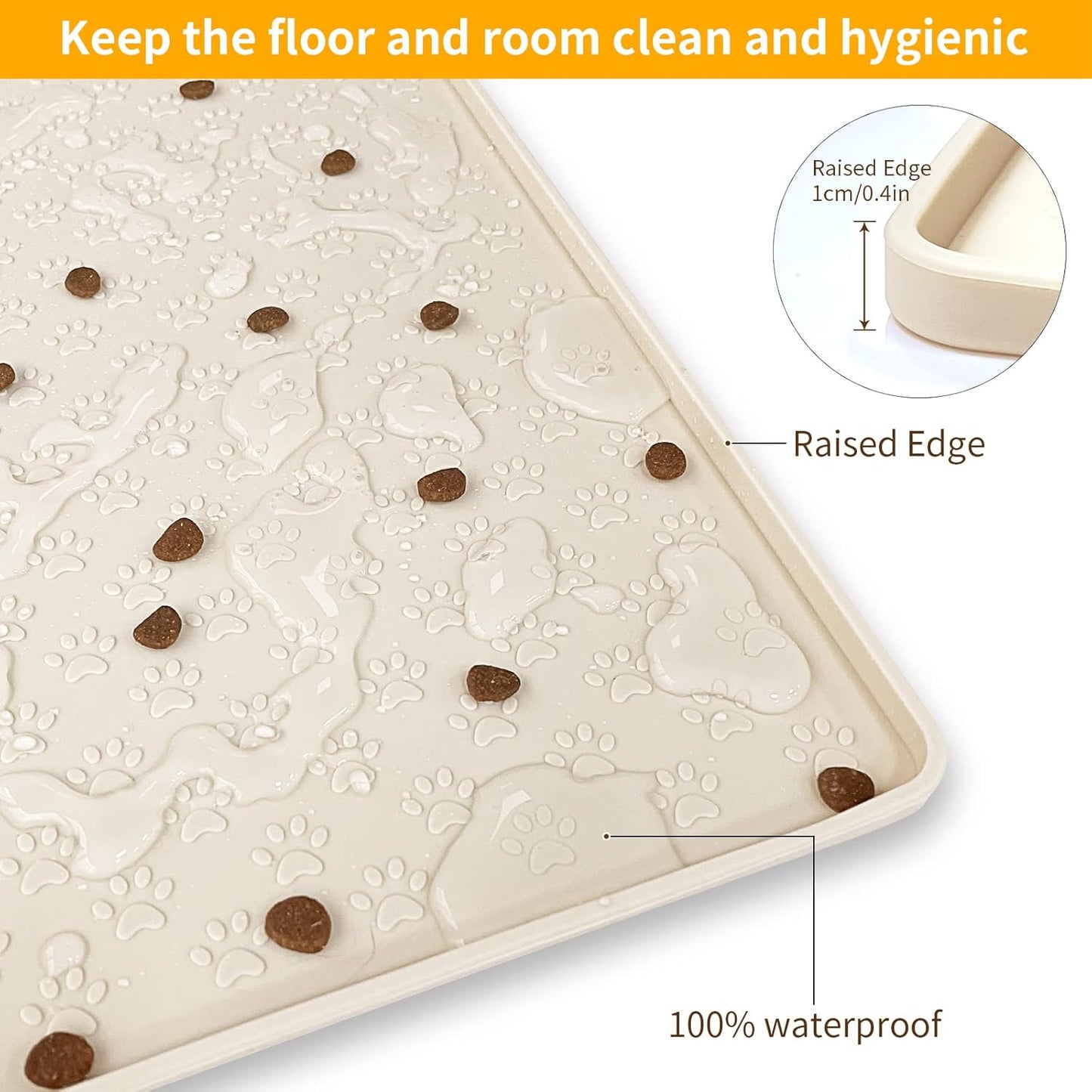 Ptlom Silicone Pet Placemat for Dog and Cat, Waterproof Non-Slip Pet Feeding Bowl Mats for Food and Water, Small Medium Large Tray Mat Prevent Residues from Spilling to Floor, Beige, 18" 12"