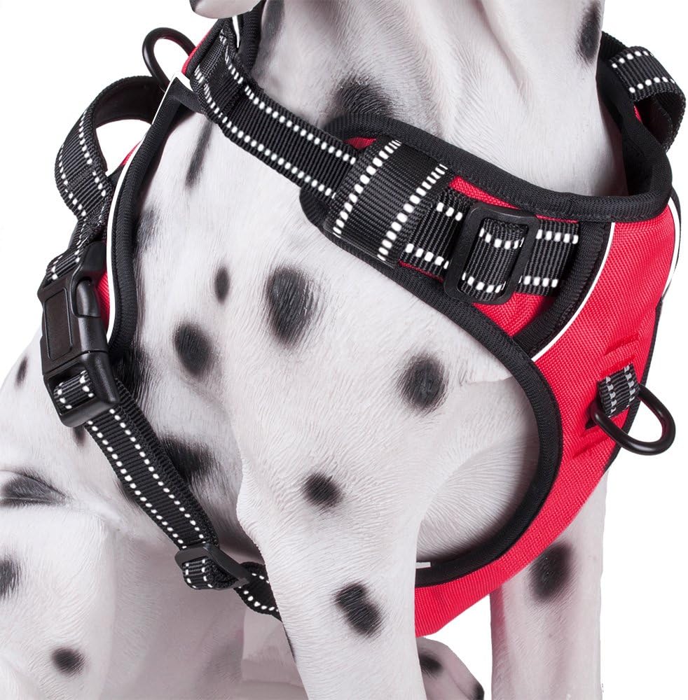 PoyPet No Pull Dog Harness, Reflective Comfortable Vest Harness with Front & Back 2 Leash Attachments and Easy Control Handle Adjustable Soft Padded Pet Vest for Small to Large Dogs (Red,M)