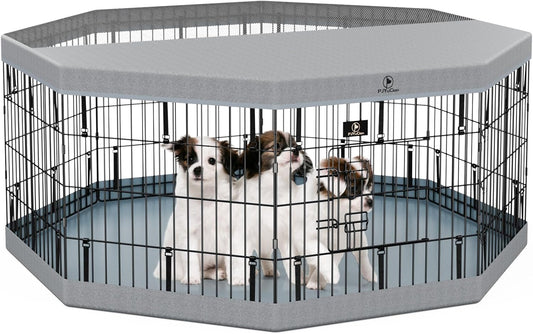 PJYuCien Dog Playpen, 8 Panels 24”H Dog Playpen Indoor with Grey Bottom Pad and Top Cover, Metal Foldable Dog Pen for Indoor Use, Only for Small Medium Animals, Grey