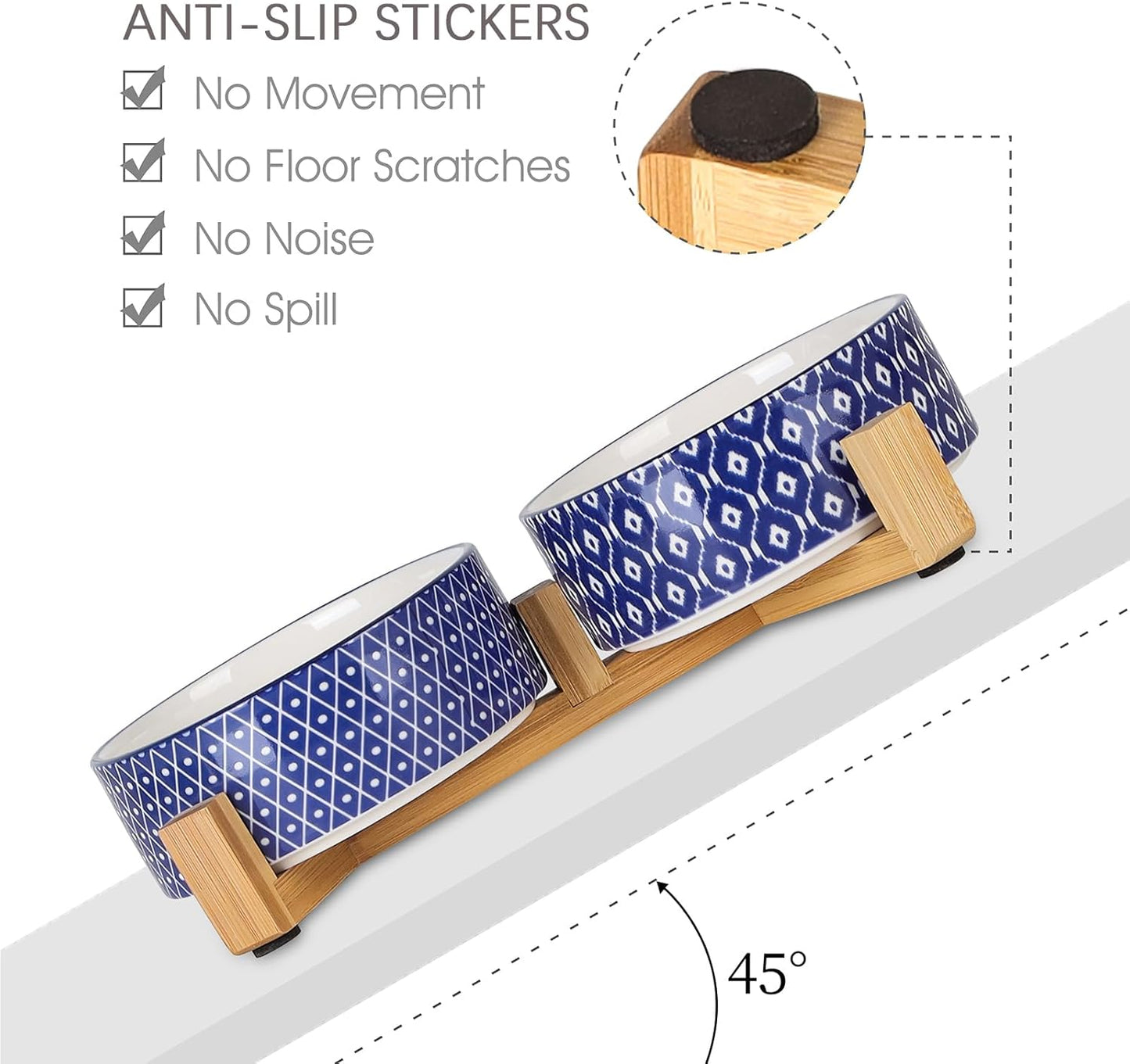 Selamica Ceramic 30 OZ Dog Bowls, Dog Food and Water Bowls with Wooden Stand, Anti-Slip Dog Dishes Set for Cats Small & Medium Sized Dogs, Weighted Pet Bowls Set of 2, Vintage Blue A