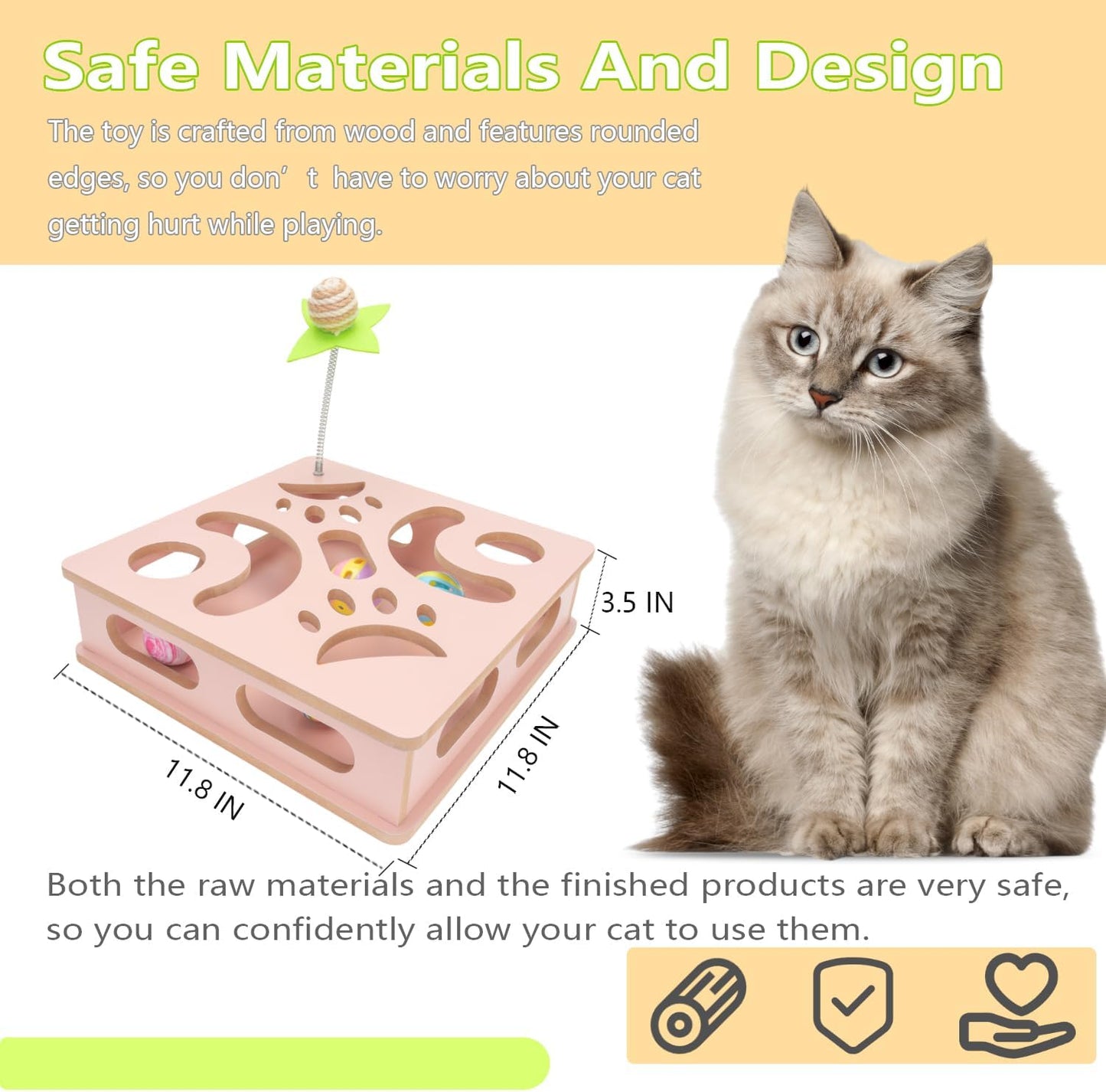 Interactive Wooden Cat Puzzle Toy Box Indoor Hunting Play Toy to Stimulate Your Cat’s Energy and Instincts (Pink)