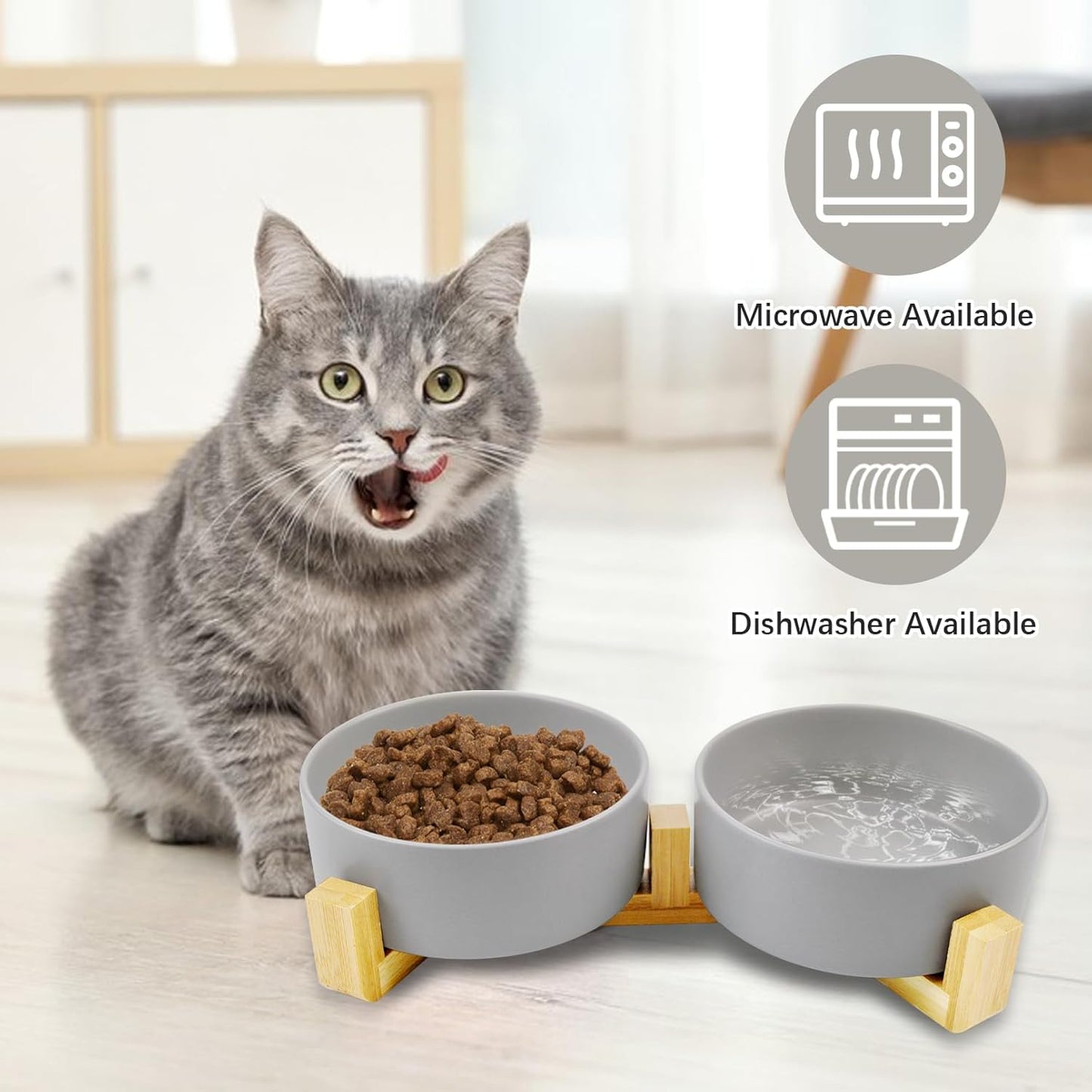 Ceramic Cat Bowls with Bamboo Stand,Non-Slip Small Dog Food and Water Bowl Set Non-Spill Cats Feeder Dish Modern Cute Weighted Cat Dishes for Small Dogs Puppy Cats Kitten(Grey)