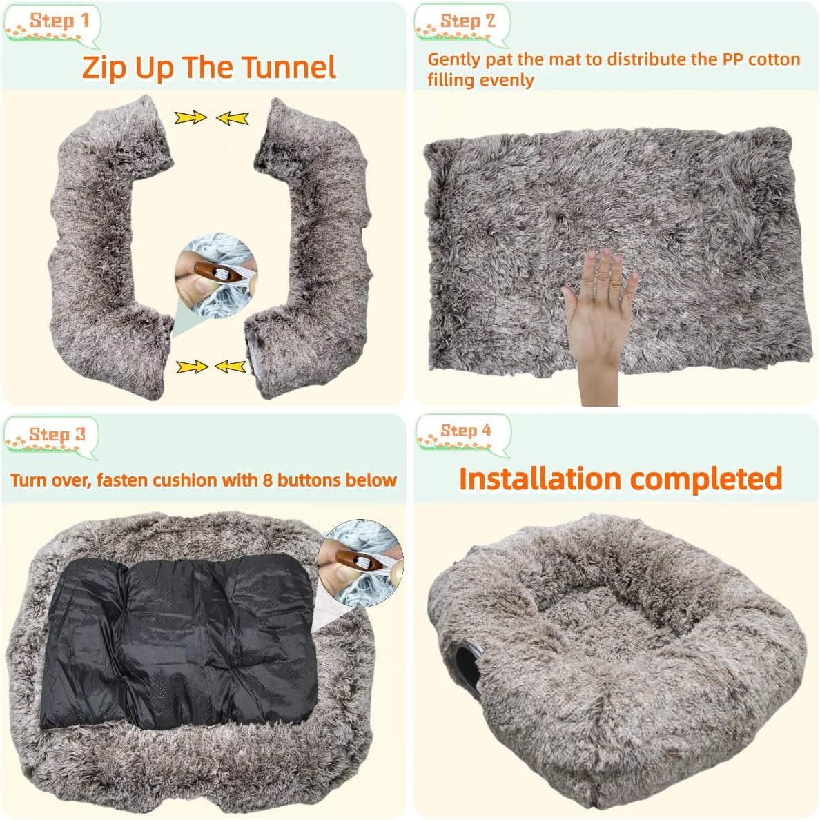 XxingSheep XL Cat Tunnel with Bed for Indoor Cats Peekaboo Cat Cave Donut Toy with Warm Mat,Yellow-Brown