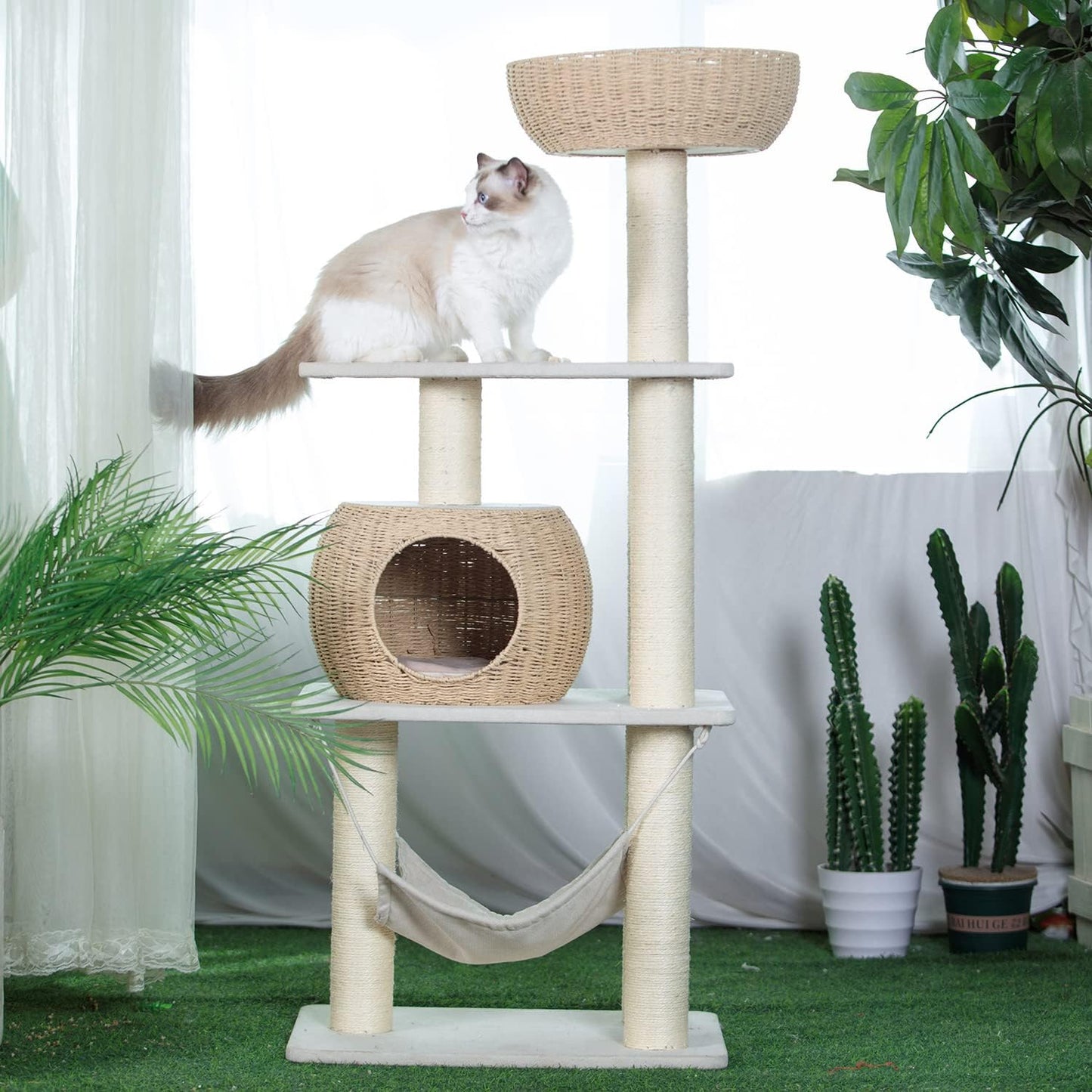 Wood Cat Tree for Indoor Cats, 52.4 Inch Tall, with Scratching Post and Hammock