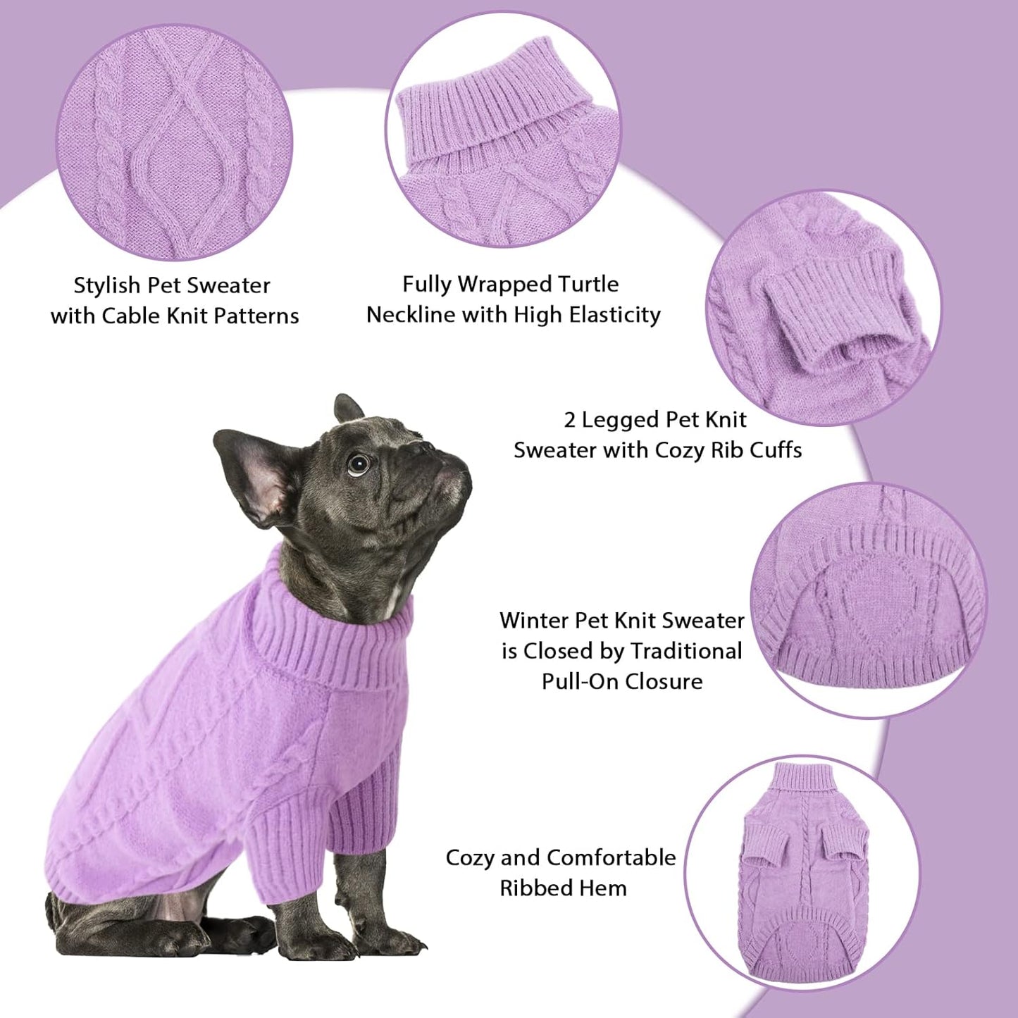 Queenmore Small Dog Pullover Sweater, Cold Weather Cable Knitwear, Classic Turtleneck Thick Warm Clothes for Chihuahua, Bulldog, Dachshund, Pug (Lilac, X-Large)