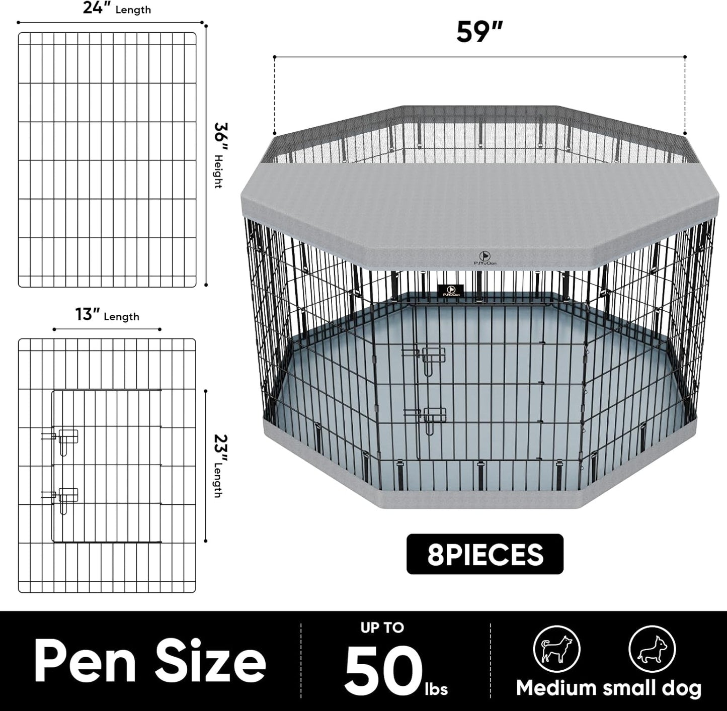 PJYuCien Dog Playpen, 8 Panels 36”H Dog Playpen Indoor with Grey Bottom Pad and Top Cover, Metal Foldable Dog Pen for Indoor Use, Better for Small Medium Animals, Grey