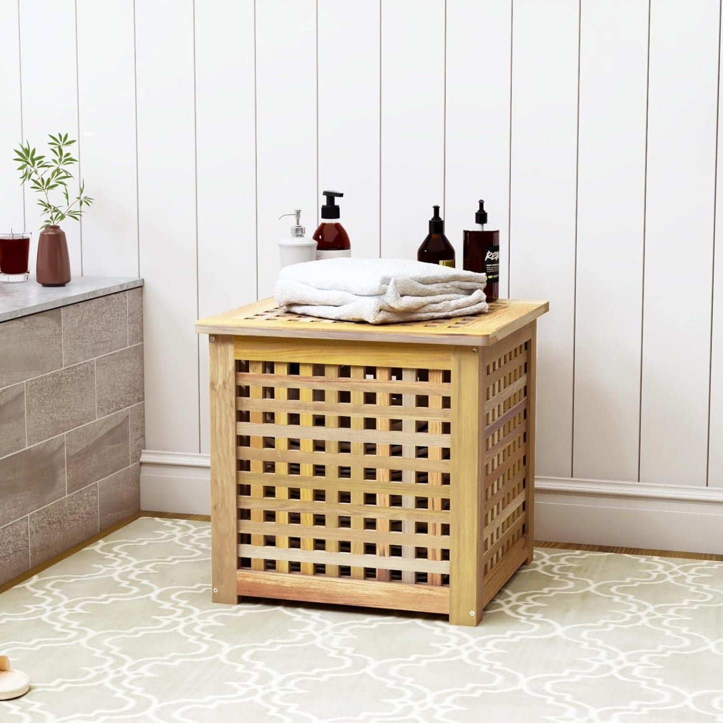 Bench with Storage, Acacia Laundry Hamper with Seat, Storage Benches with Seating for Entryway, Living Room, Bedroom, Bathroom (15.7x19.7x17.7in)