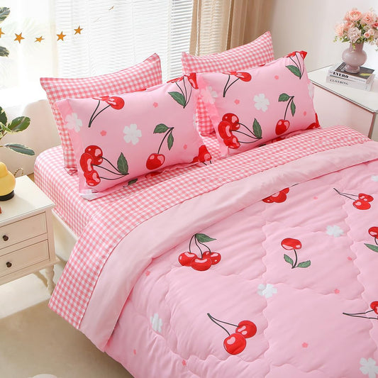 Girls Cherry Comforter Bedding Set Queen Size 7 Piece Pink Kawaii Oriental Cherry Comforter Set Bed in A Bag for Kids Teens All Season (Comforter,Flat Sheet,Fitted Sheet and Pillow Sham)