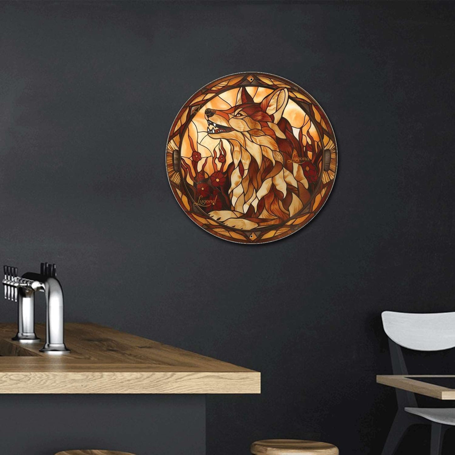 Lygond Metal Sign Tin Sign Circular Stained Glass Coyote Bar Signs for Home Decor for Club 12×12 Inches