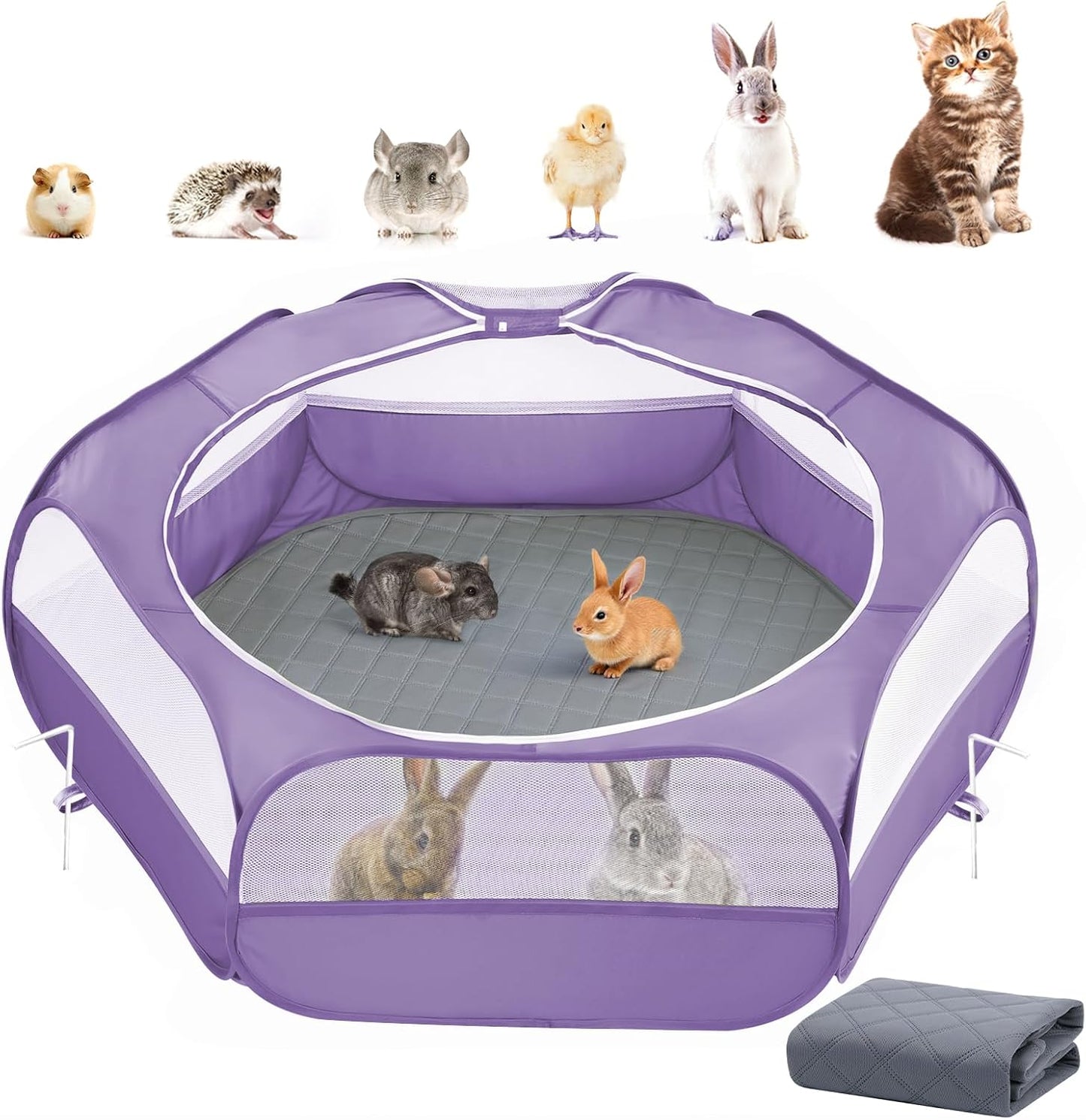 2-in-1 Small Animals Playpen with Pad, Waterproof Small Pet Cage Tent with Reusable Pad, Portable Outdoor Yard Fence with 3 Metal Rod for Chick/Kitten/Puppy/Guinea Pig/Rabbits/Chinchillas, Purple