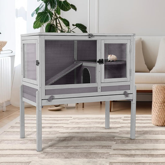 Guinea Pig Cage with Wooden Stand,Indoor Rabbit Hutch with 2 Stories,Hamster Cage with Anti Chew Ramp,Hideout, Platform, Pull Out Tray (Grey)