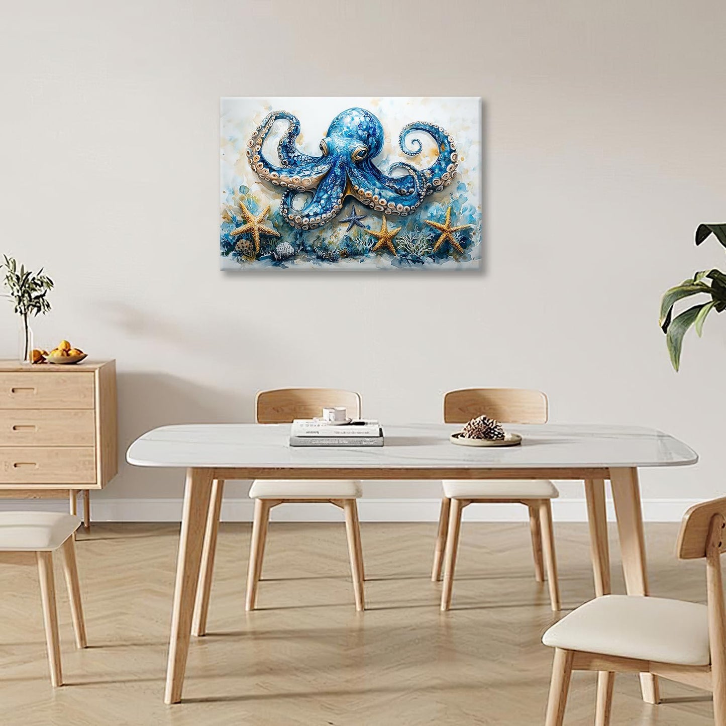 Octopus Bathroom Pictures Wall Art, Sea Animal Ocean Bathroom Wall Decor, Nautical Framed Painting Canvas Artwork for Bedroom Living Room Decorations 24"L x 16"W