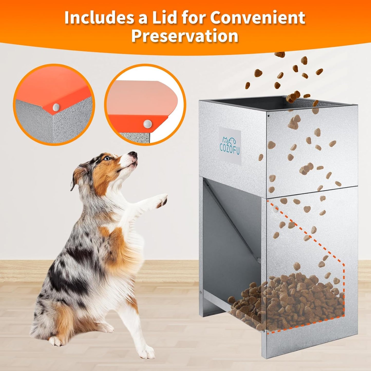 Dog Feeder - Galvanized Metal Pet Food Station for Indoor & Outdoor Use - Automatic Gravity-Fed Dispenser Suitable for Small, Medium, and Large Dog Breeds - Capacity: 25 Pounds of Dry Kibble