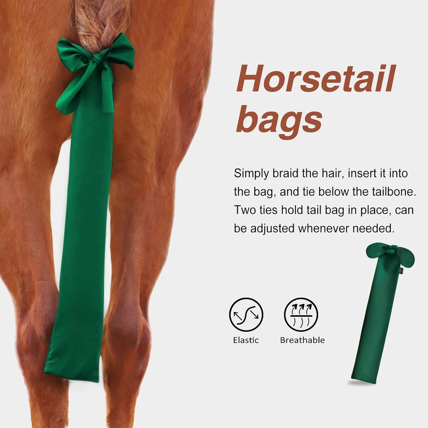 Harrison Howard Stretchy Tail Bag Breathable Horse Tail Guard Slip on Design Protect Horse Tail 2 Strand Closure Straps Keep Tail Clean & Protected 22" L Length Makes Grooming Easy-Deep Green