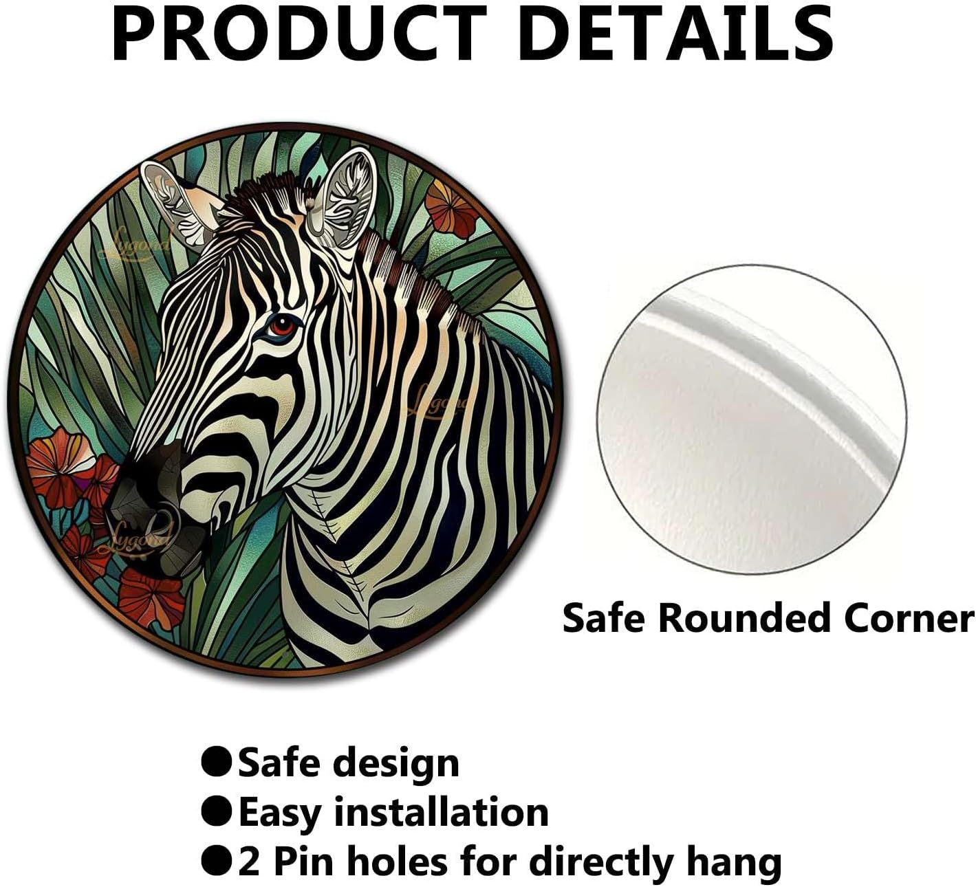 Lygond Metal Sign Tin Sign Circular Stained Glass Zebra Decor Outdoor for Garden 12×12 Inches