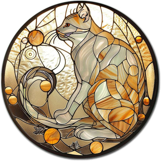 Lygond Metal Tin Sign - Circular Stained Glass Cat Garden Sign for Garage - 1212 Inches