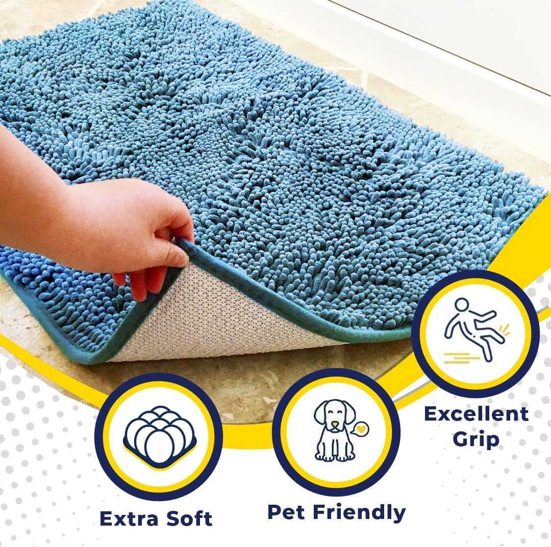 Muddy Mat® AS-SEEN-ON-TV Highly Absorbent Microfiber Door Mat and Pet Rug, Non Slip Thick Washable Area and Bath Mat Soft Chenille for Kitchen Bathroom Bedroom Indoor and Outdoor - Sky Blue 24" x 72"