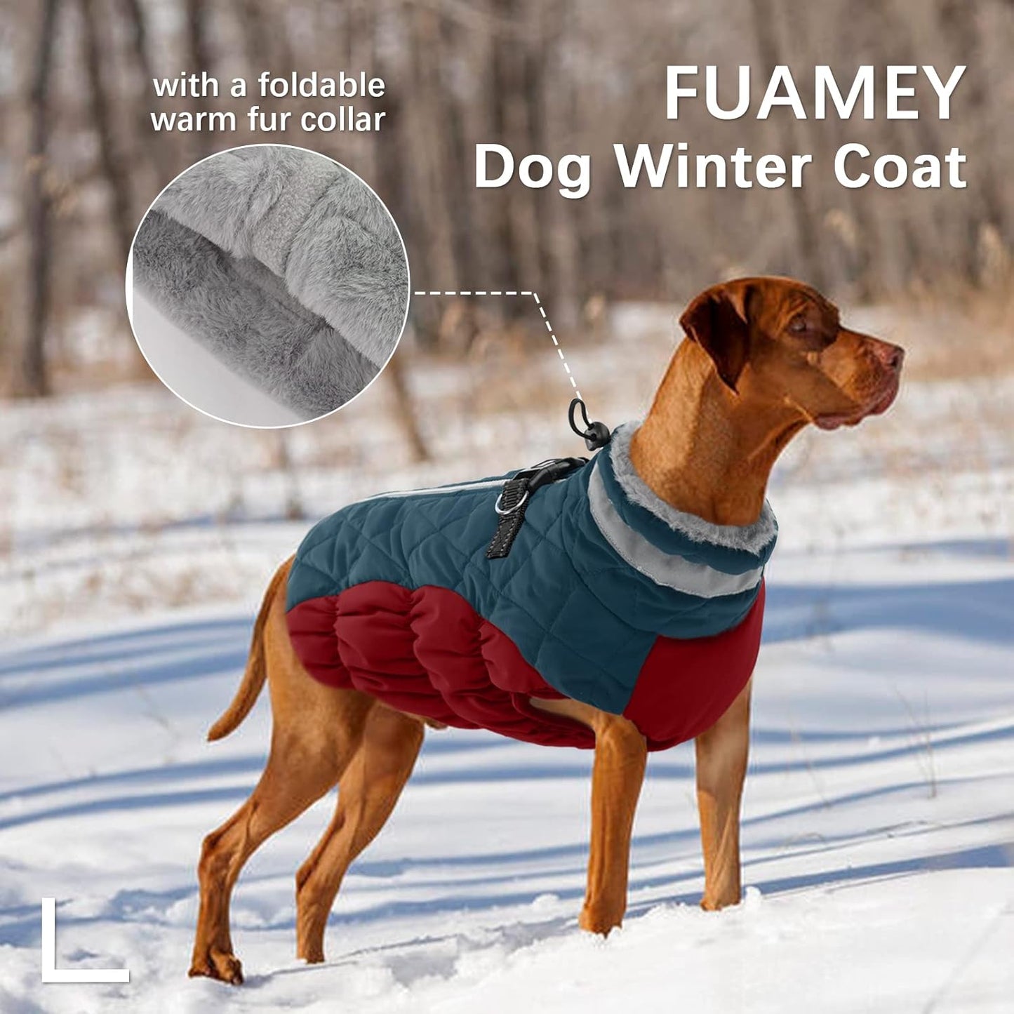 FUAMEY Dog Coat for Large Dogs,Waterproof Dog Winter Jacket with Harness Built in Puppy Cold Weather Coats Reflective Pet Vest with Zipper Warm Fleece Dogs Snowsuit Windproof Dark Blue L