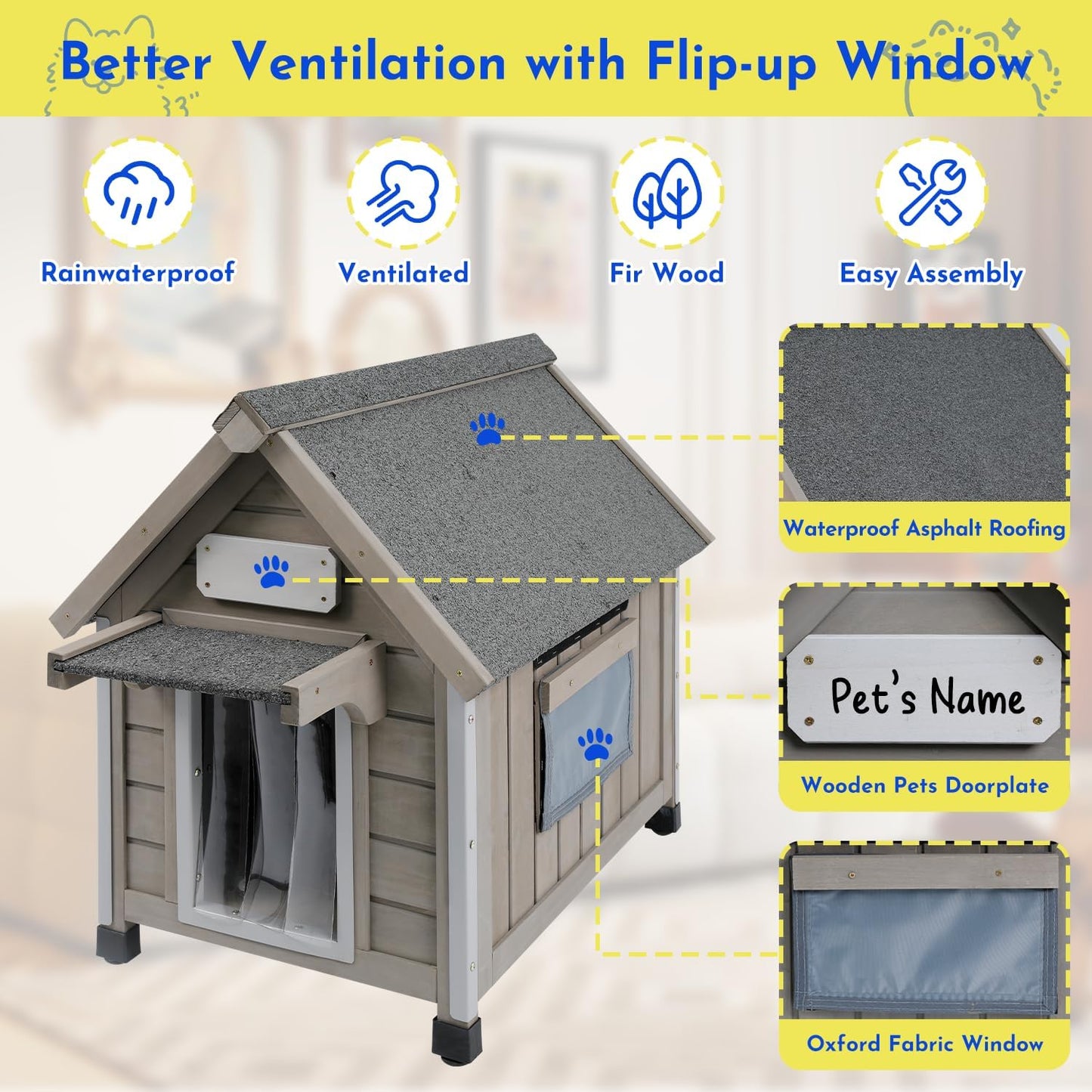 Outdoor Dog House Weatherproof Large Wooden Dog Kennel Indoor for Small Dogs with Chew-Proof Frame, Oxford Fabric Window, Removable Floor Pet Shelter (Grey, 18.1" D x 25.2" W x 24" H)