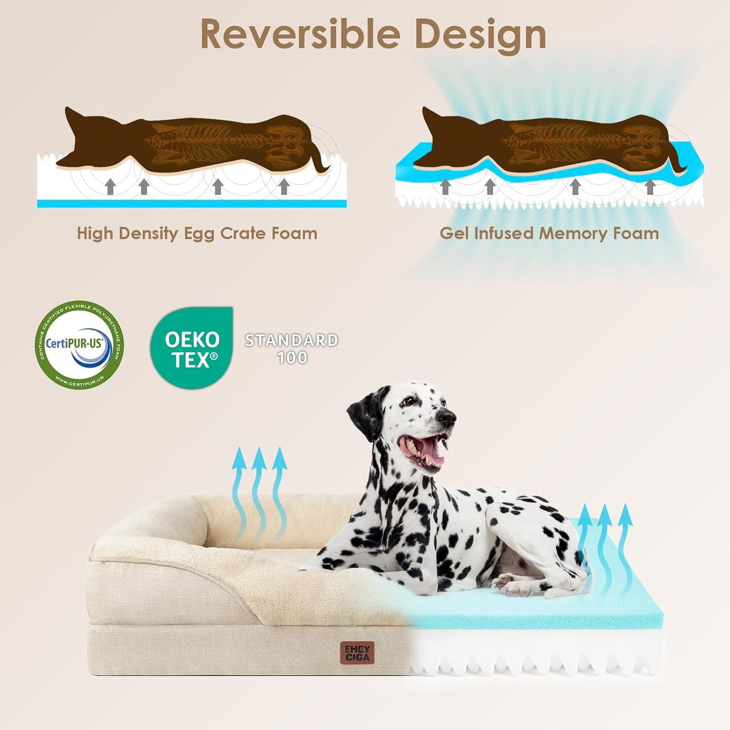 EHEYCIGA Memory Foam XXL Dog Bed for XLarge Sized, Extra Large Orthopedic Dog Sofa with Sides and Waterproof Liner, Washable Bolster Pet Couch with Removable Cover, 52x41x8 Inch, Beige