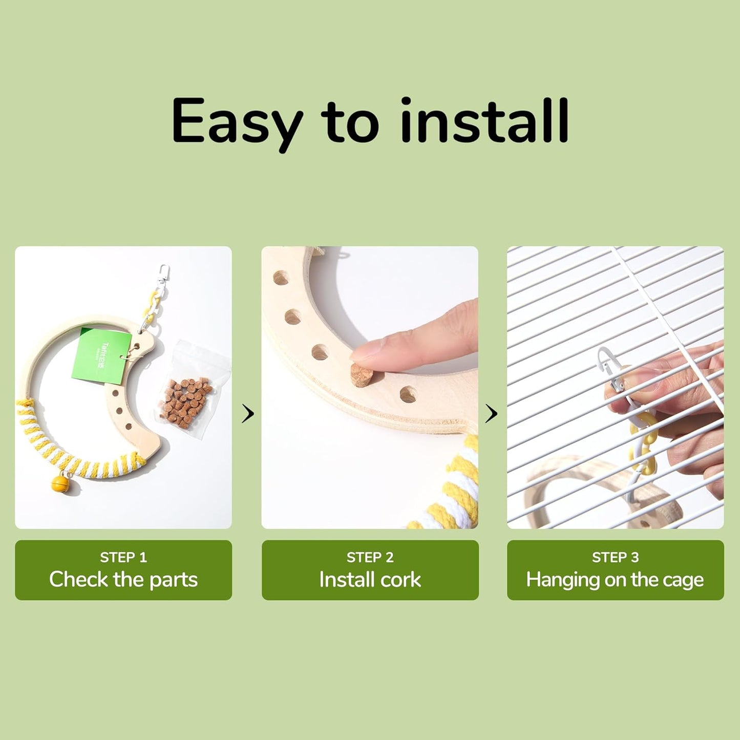 Natural Bird Swing - Moon-Shaped Parrot Perch with Bell and Cork Toys, Spinning Wooden Stand for Parakeets, Budgies, Lovebirds and Small/Medium Birds (White + Blue)