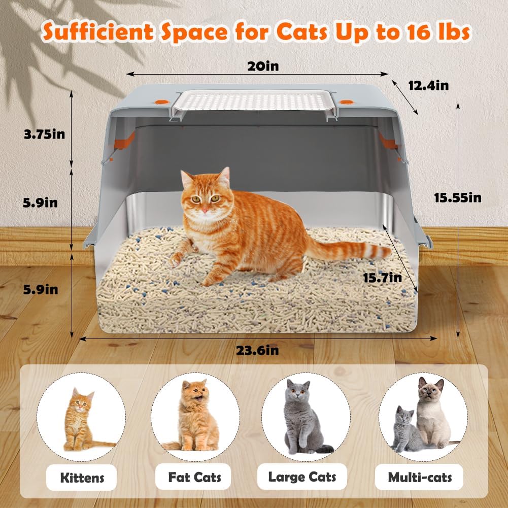 Vivifying Stainless Steel Litter Box with Lid, XL Side Entry Extra Large Litter Box for Big Cats & Kitty, Removable Enclosed Metal Cat Pan with High Sided Enclosure, Scoop, Mat, Footboard (Gray)