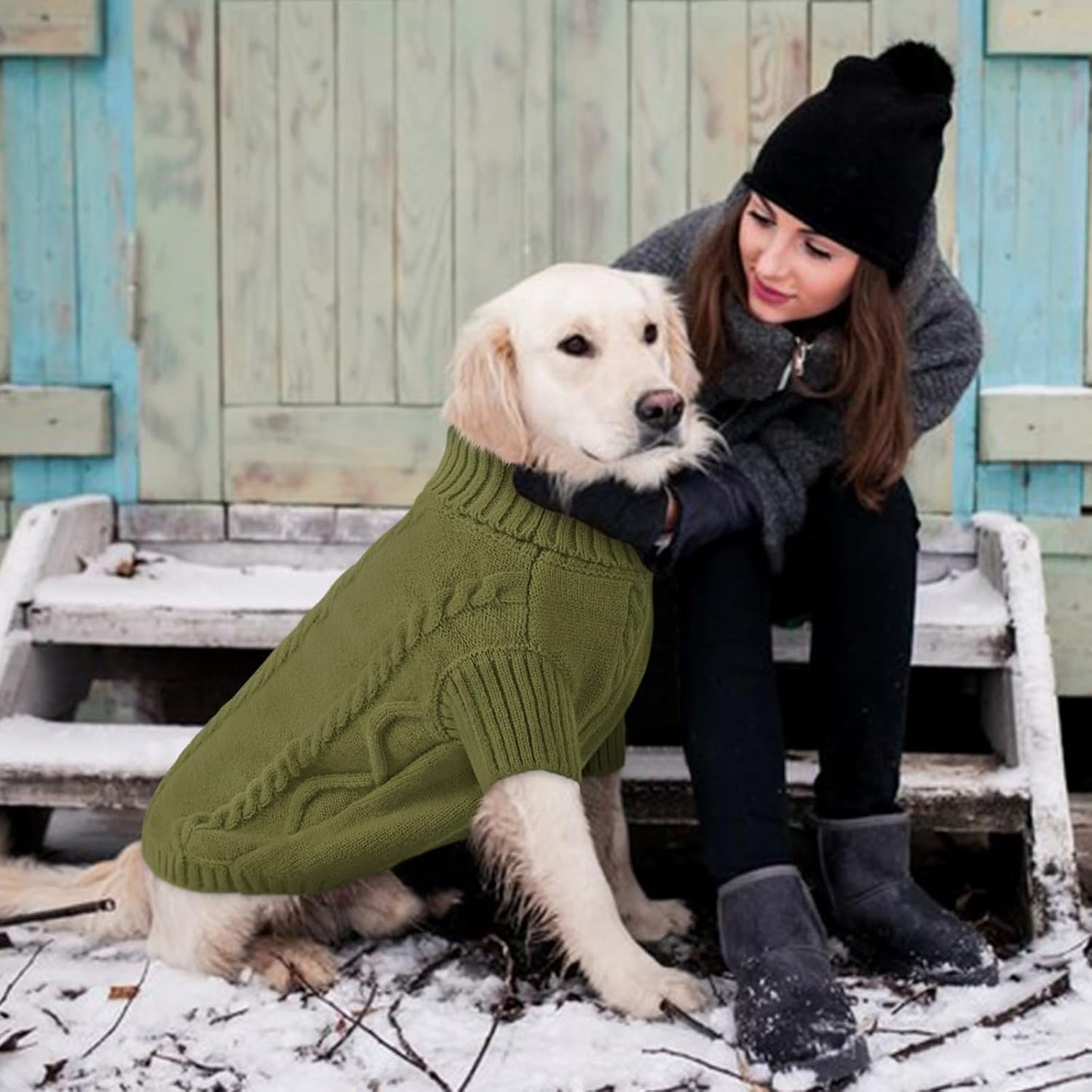 Queenmore Small Dog Pullover Sweater, Cold Weather Cable Knitwear, Classic Turtleneck Thick Warm Clothes for Chihuahua, Bulldog, Dachshund, Pugl,OliveGreen,XS