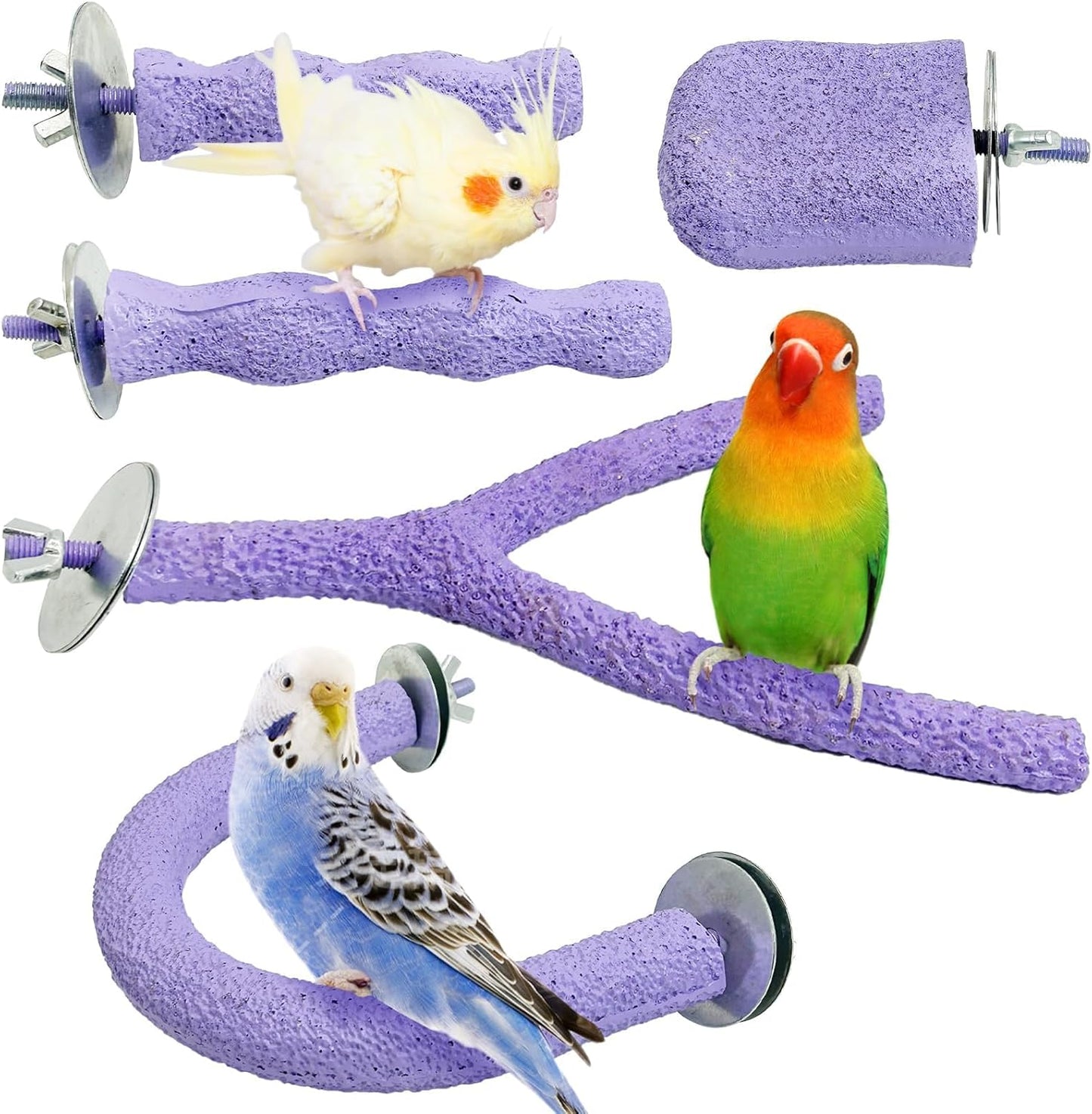 PINVNBY 5 Pack Bird Perch Resin Bird Beak Grinding Stone Parrot Cage Perch Stand Platform Foot Claws Trimmer Chew Toy Bird Cage Accessories for Budgie Cockatiel Conure Lovebird Finch (Purple)